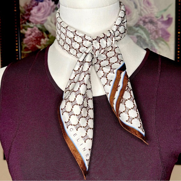 Celine Accessories - Celine White and Brown Patterned Handkerchief/ Bandana/ Neck Scarf